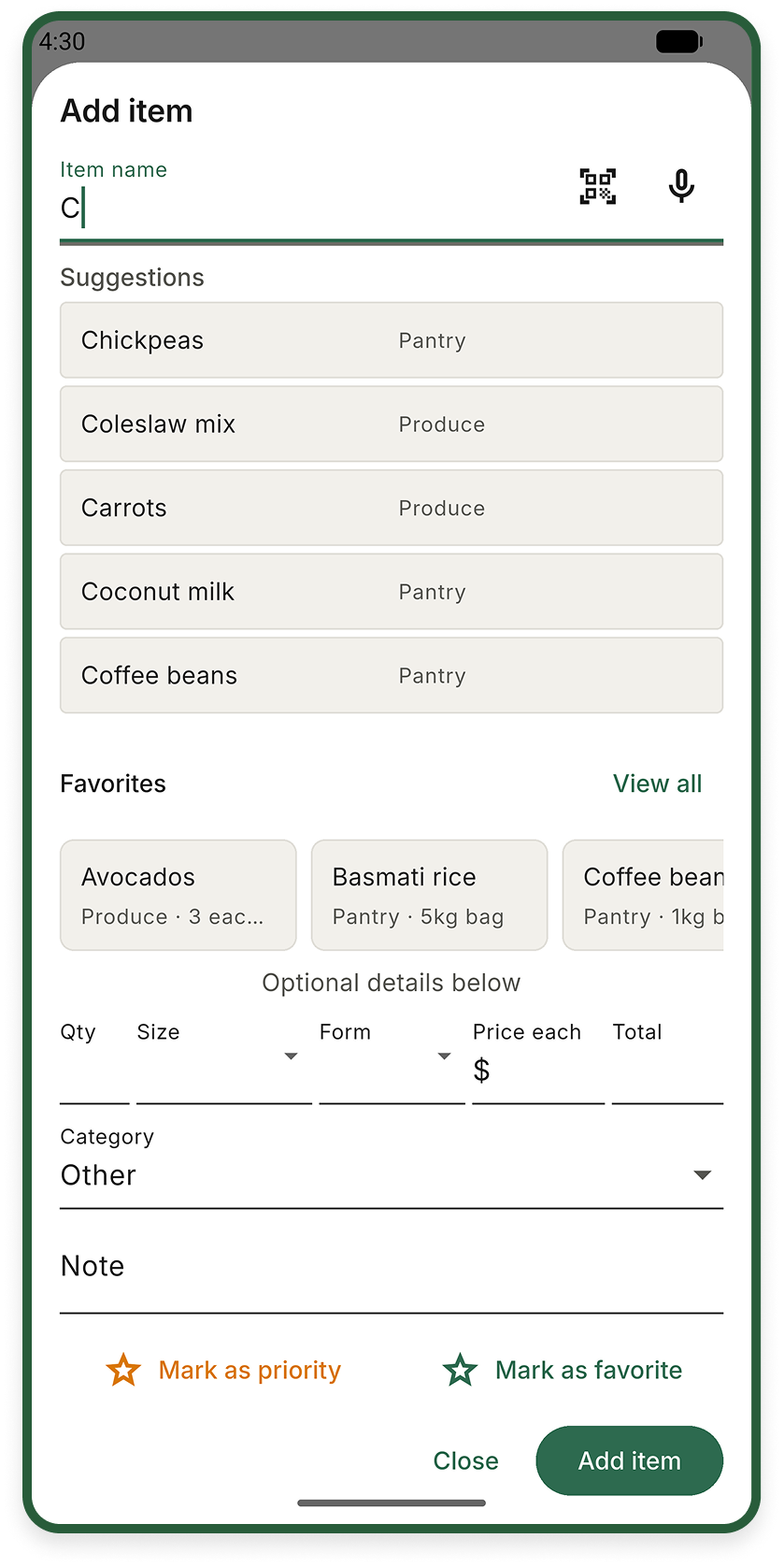 Cartlea’s Add Item screen with suggestions, microphone and barcode controls, favourites, and fields for quantity, size, price and notes.
