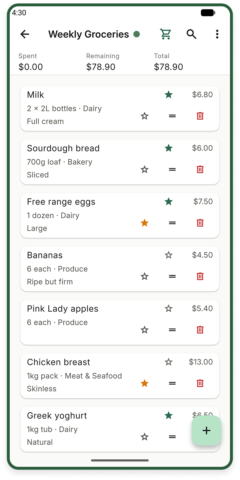 The Weekly Groceries list with item quantities, notes, prices and reorder handles beside each item.