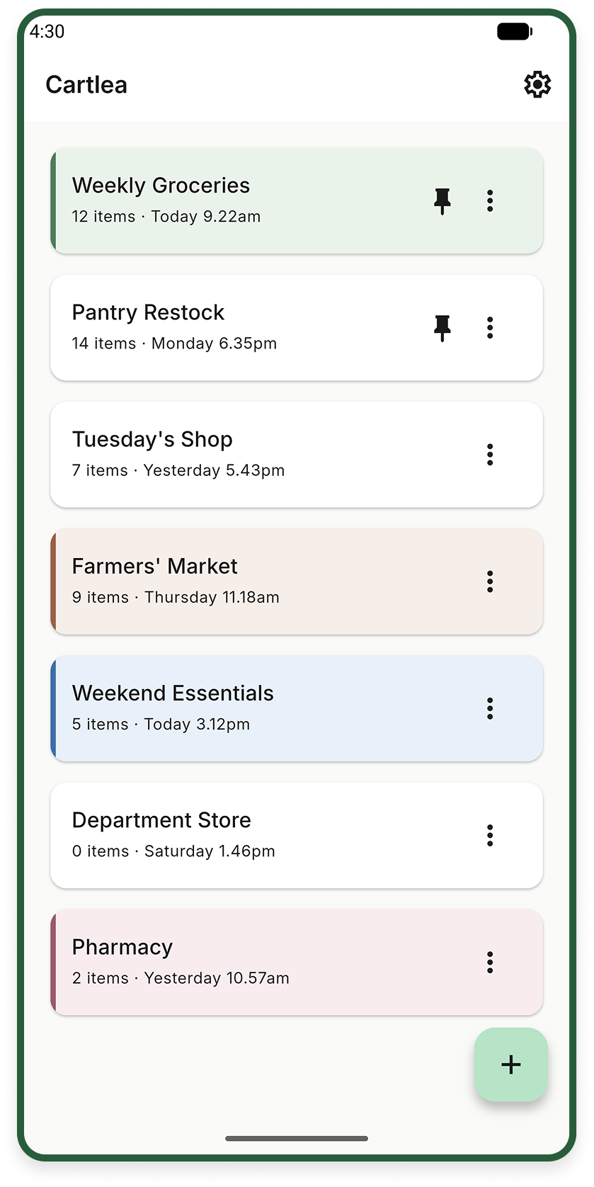 Cartlea’s list overview, with Weekly Groceries and Pantry Restock pinned above colour-coded lists for other shops.