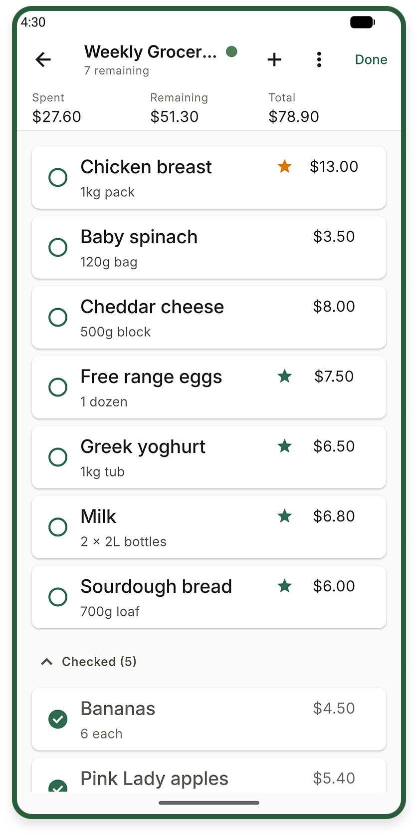 Shopping Mode in Compact view, with seven items remaining, five checked, and totals of $27.60 spent and $51.30 remaining.