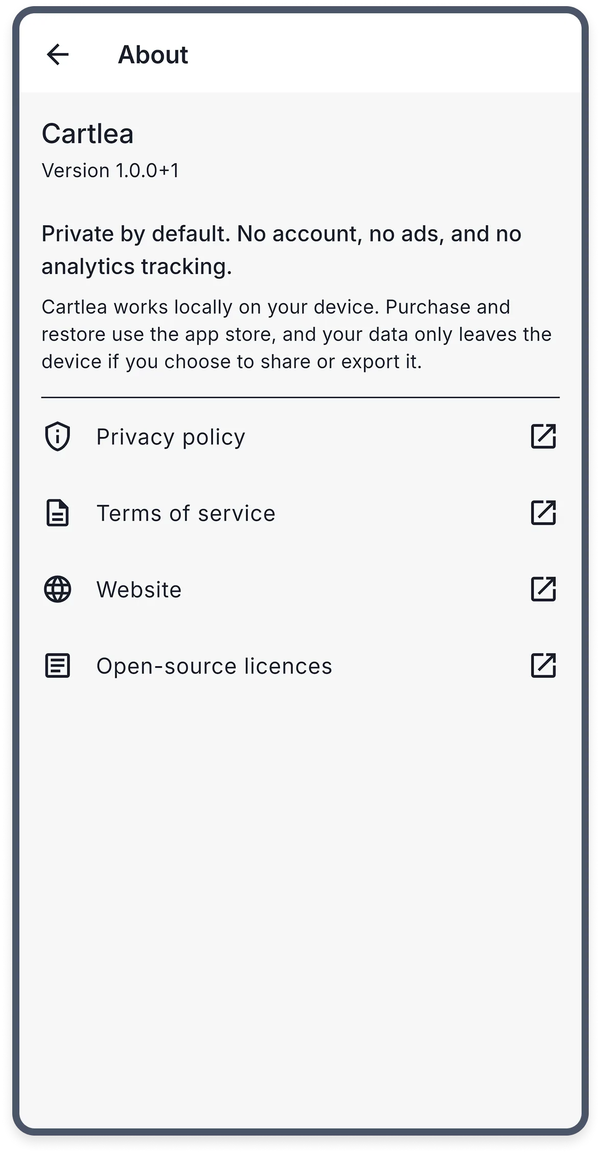 Cartlea about screen showing the private-by-default privacy message.