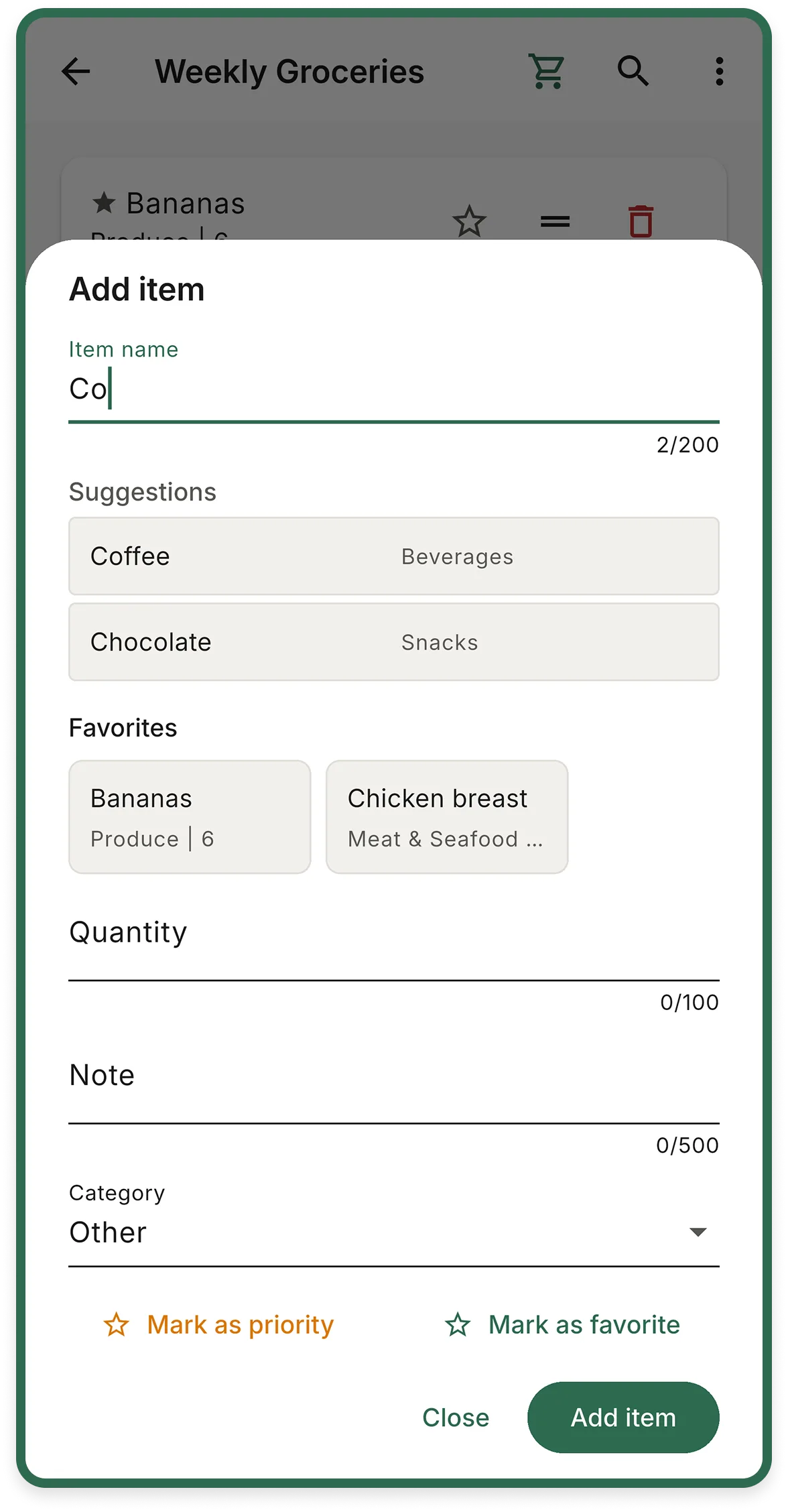Cartlea fast add screen for quickly adding shopping items.
