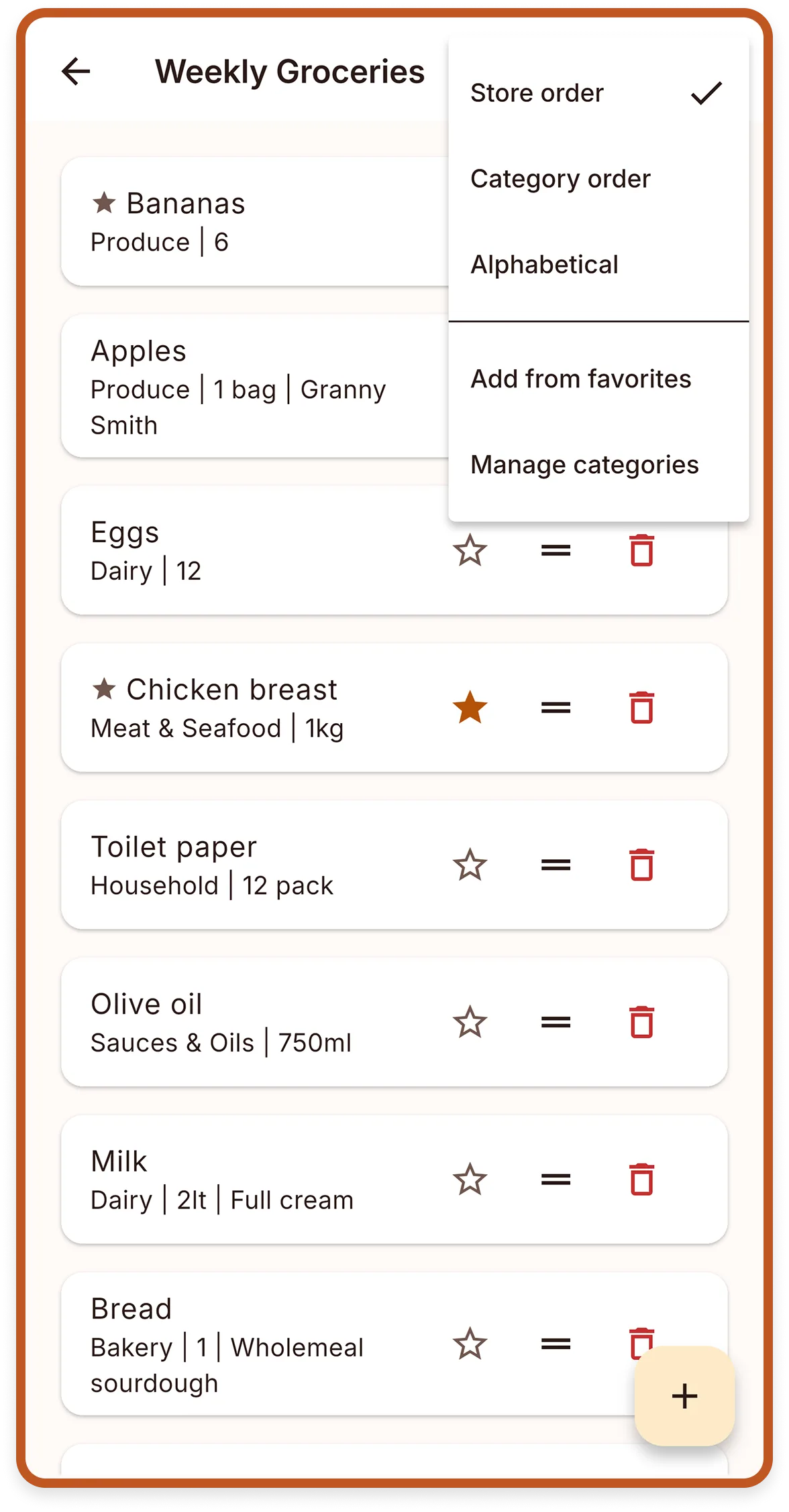 Cartlea list organisation screen showing categories and ordering controls.