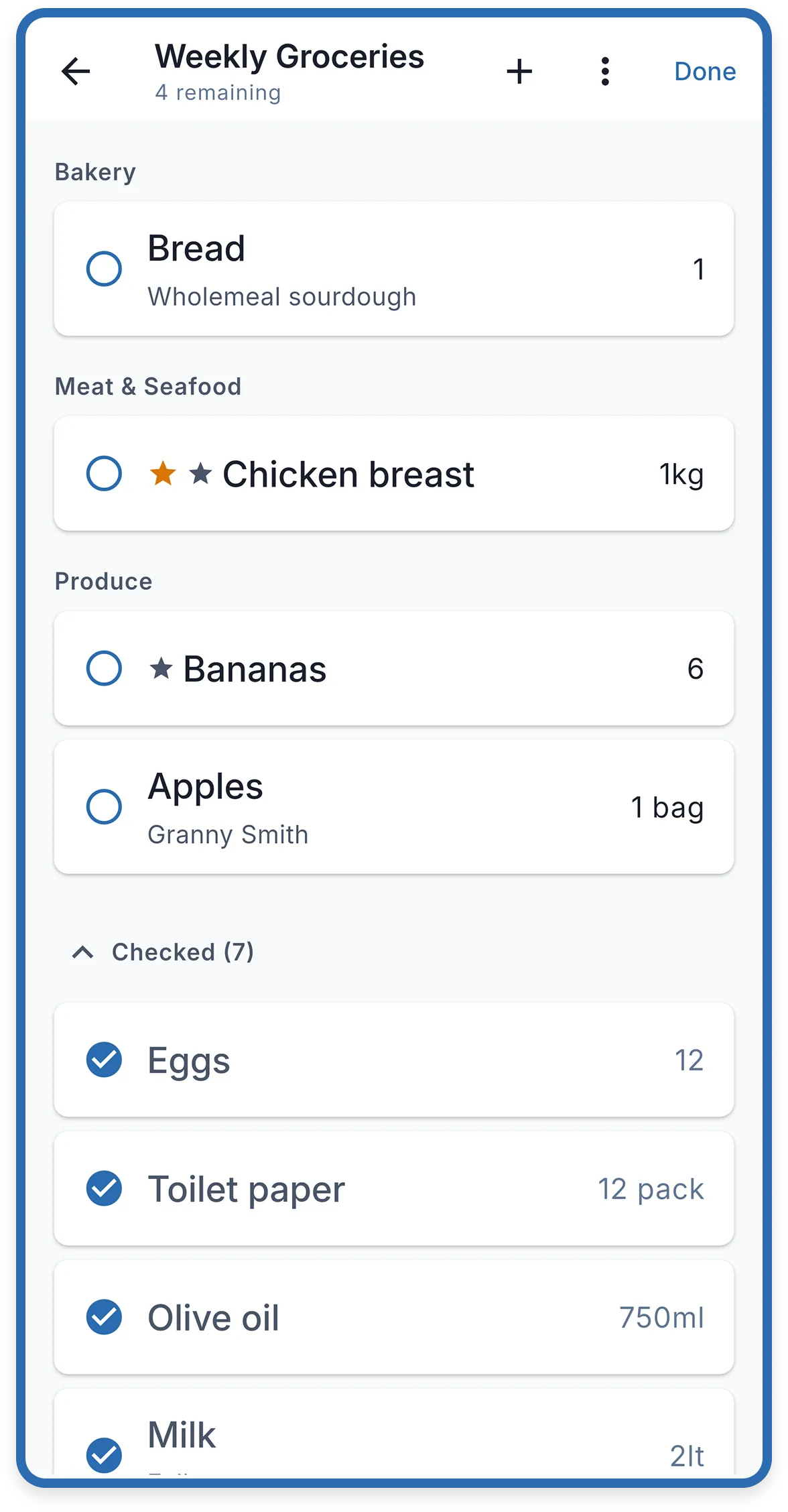 Cartlea shopping mode showing large readable items for in-store check-off.