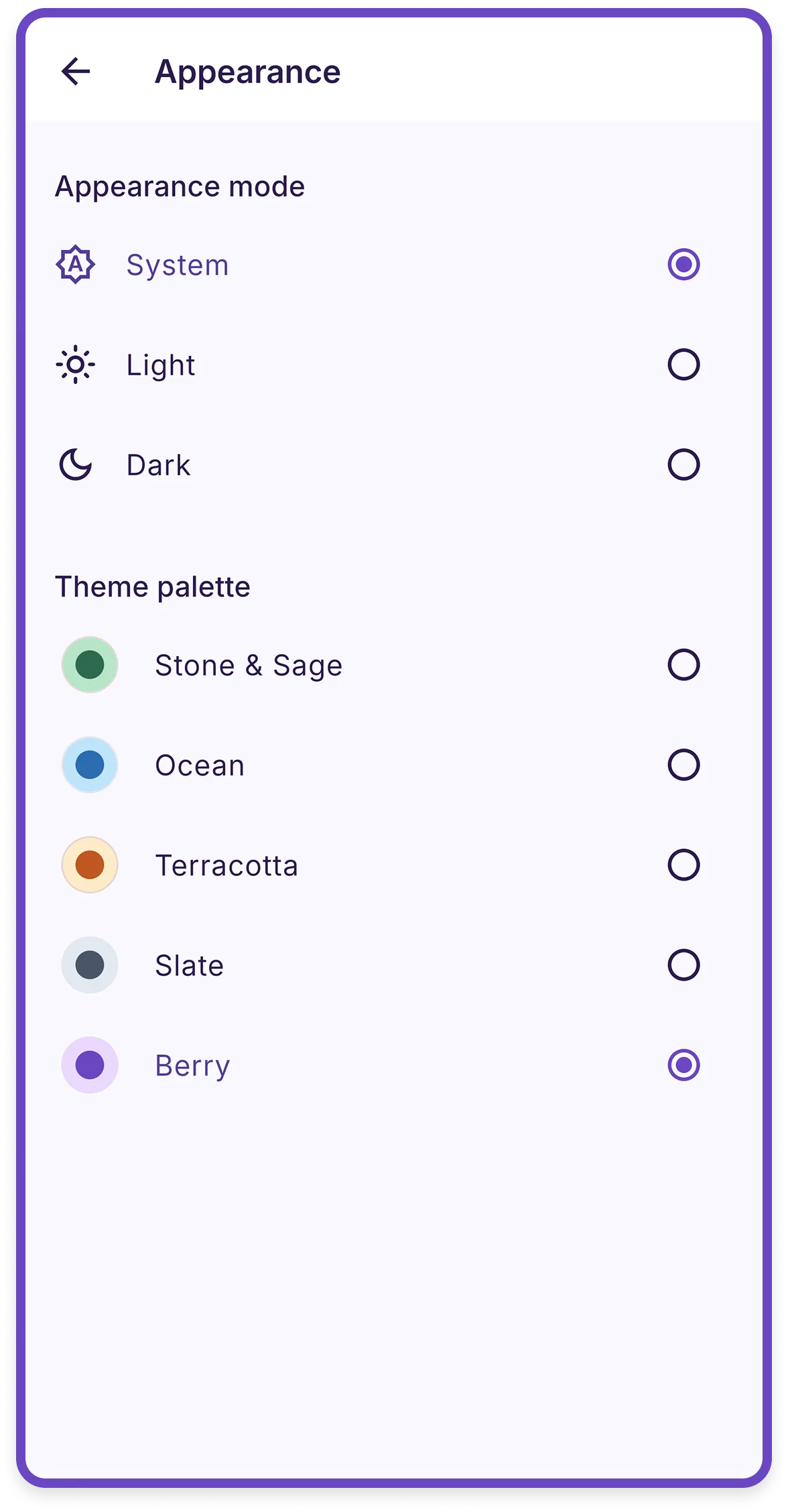 Cartlea appearance screen showing theme choices.