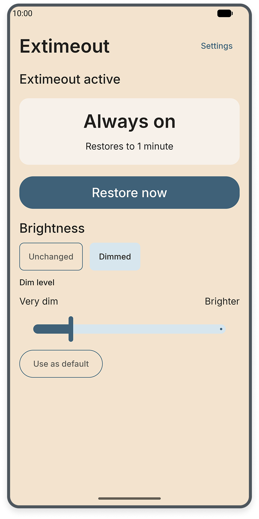 Extimeout running an Always on session with Dimmed selected, a brightness slider and a Use as default button.