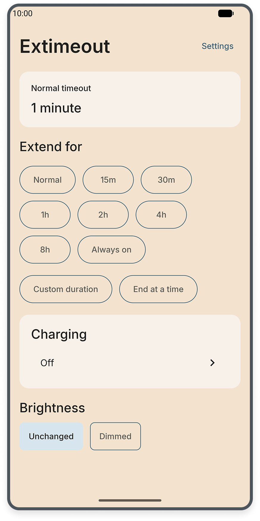 Extimeout’s main screen with the normal timeout, preset durations, Always on, custom duration, end time, charging and brightness controls.